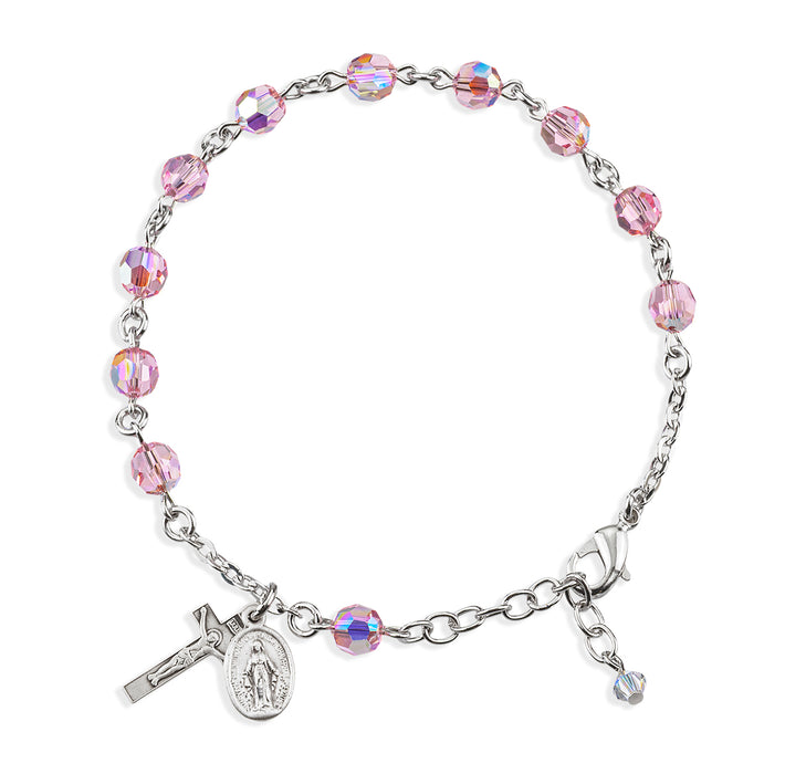 Sterling Silver Rosary Bracelet Created with 6mm Light Rose Finest Austrian Crystal Round Beads by HMH - B8550LR