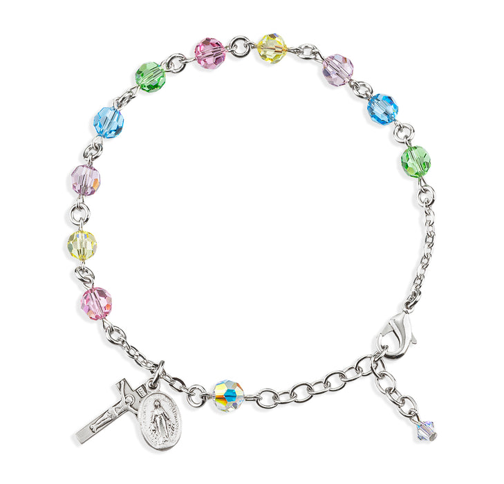 Sterling Silver Rosary Bracelet Created with 6mm Multi-Color Finest Austrian Crystal Round Beads by HMH - B8550ML