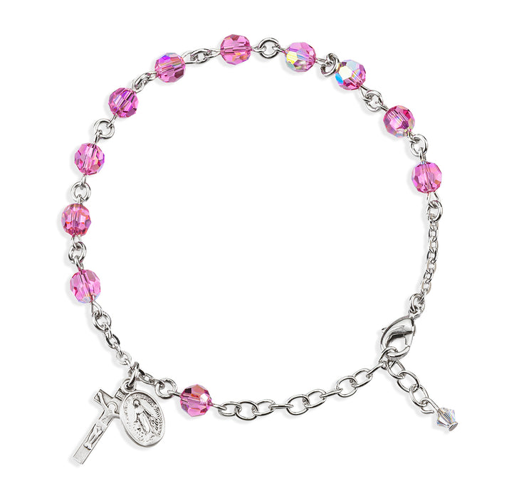Sterling Silver Rosary Bracelet Created with 6mm Pink Finest Austrian Crystal Round Beads by HMH - B8550PK