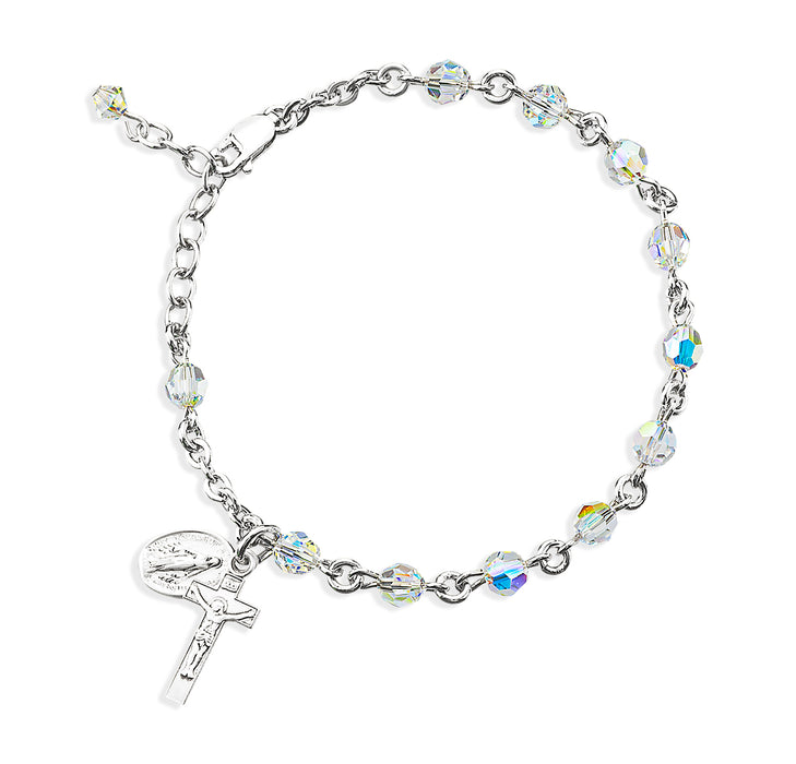 Sterling Silver Rosary Bracelet Created with 5mm Aurora Borealis Finest Austrian Crystal Round Beads by HMH - B8555CR