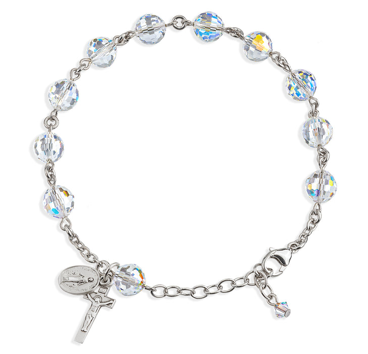 Sterling Silver Rosary Bracelet Created with 8mm Aurora Borealis Finest Austrian Crystal Multi-Faceted Beads by HMH - B8800
