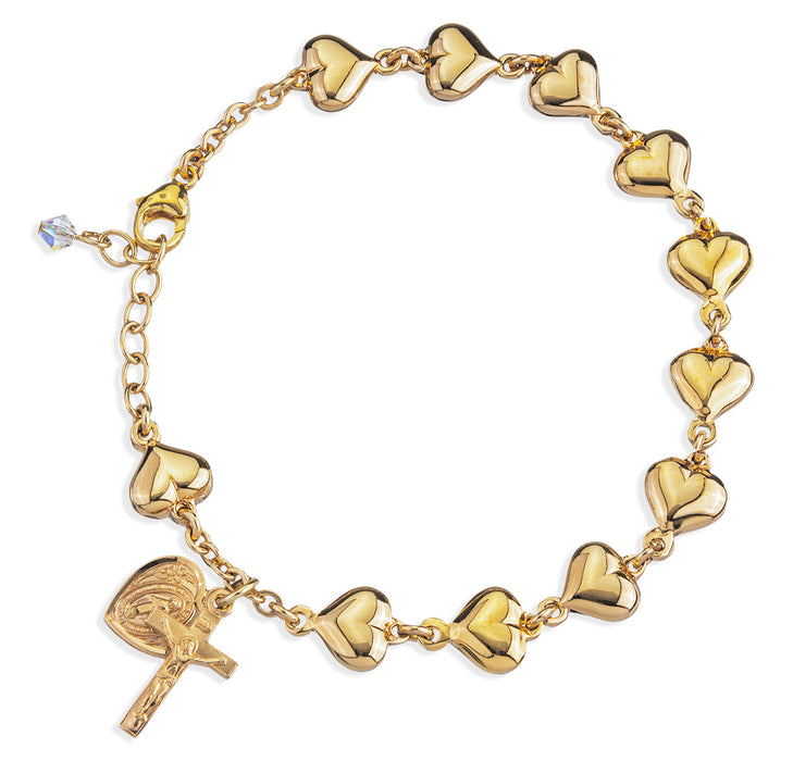 Solid Gold Over Sterling Silver Polished Heart Rosary Bracelet - B8811GS