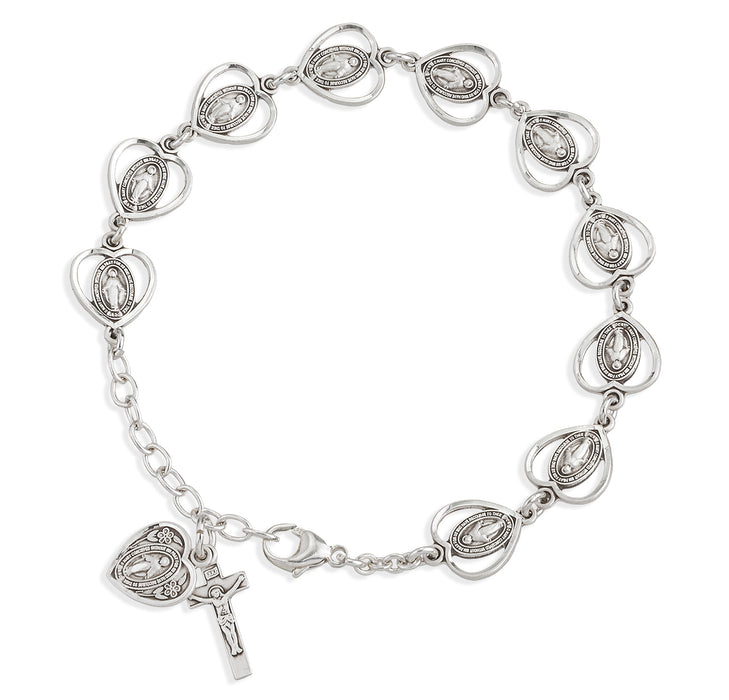 Pierced Miraculous Medal Heart Sterling Silver Rosary Bracelet - B8833