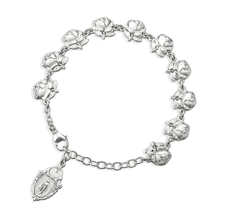 Rose Bud Beads with Saint Images Sterling Silver Bracelet - B8844