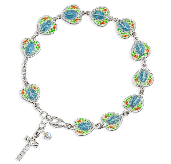 Sterling Silver Cloisonné Enameled Miraculous Heart Rosary Bracelet - B8899