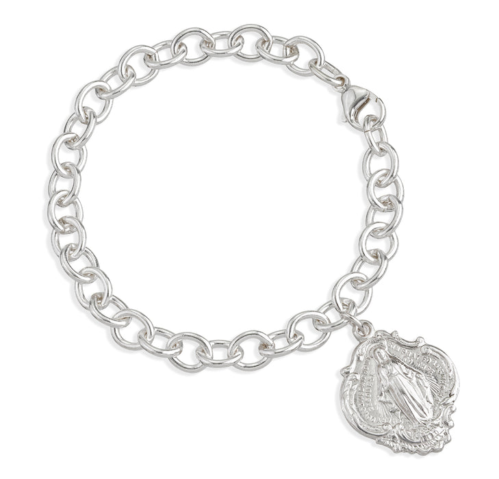 Solid Sterling Silver Linked Bracelet with Hail Mary Miraculous Medal Charm - B8905HM