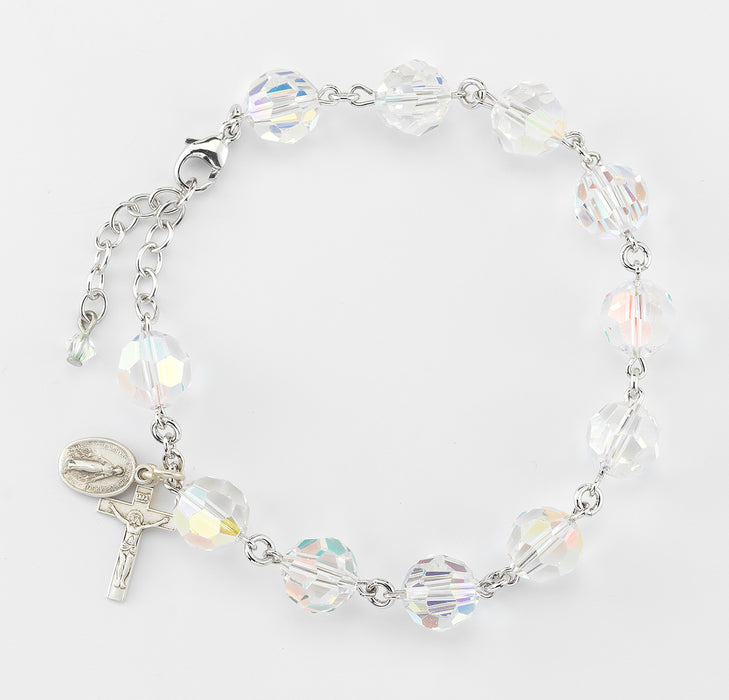 Sterling Silver Rosary Bracelet Created with 10mm Aurora Borealis Finest Austrian Crystal Round Beads by HMH - B8910CR