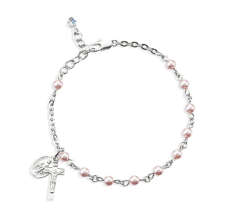 Rosary Bracelet Created with 4mm Pink Finest Austrian Crystal Imitation Pearl Beads by HMH - BR1350PK
