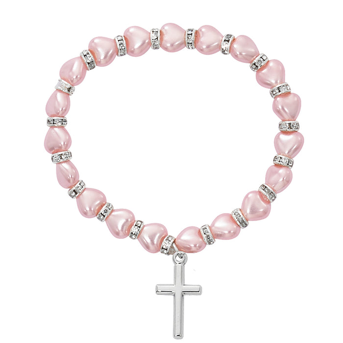 Pink Baby Stretch Bracelet and Pewter Cross Boxed  - BR41