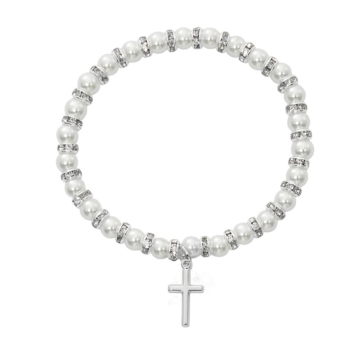 White Baby Stretch Bracelet and Pewter Cross Boxed  - BR45