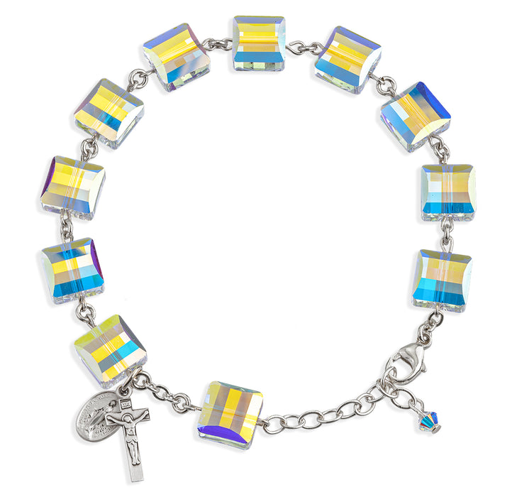 Rosary Bracelet Created with 10mm Aurora Borealis Finest Austrian Crystal Multi-Facted Square Beads by HMH - BR5624CR