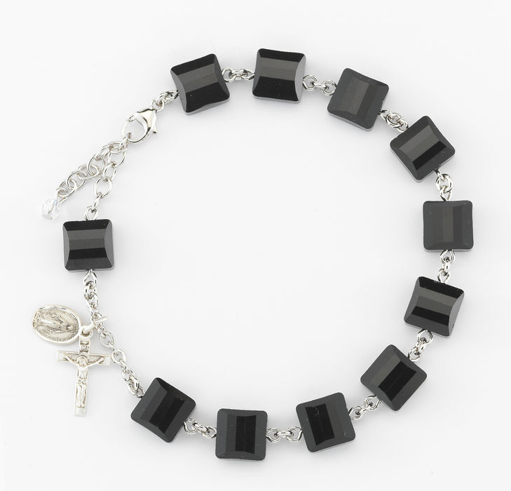 Rosary Bracelet Created with 10mm Jet Black Finest Austrian Crystal Multi-Facted Square Beads by HMH - BR5624JT