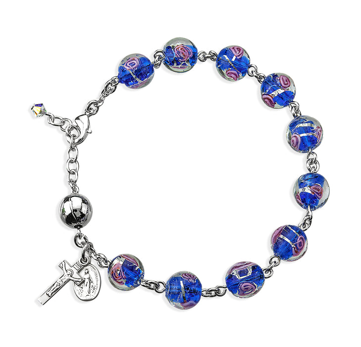 Venetian Style Round Blue with Pink Rose Embedded Glass Bead Rosary Bracelet - BR7880