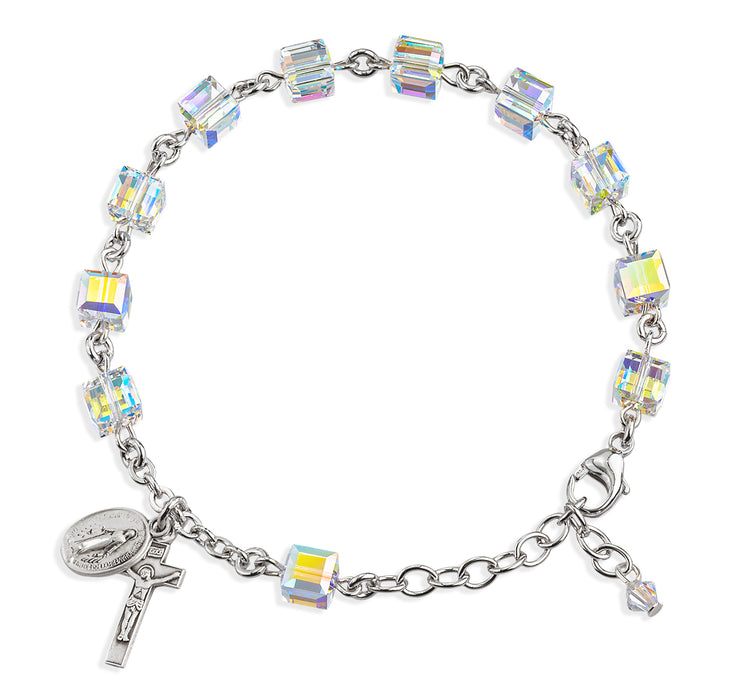 Rosary Bracelet Created with 6mm Aurora Borealis Finest Austrian Crystal Cube Shape Beads by HMH - BR8601CR