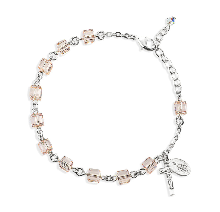 Light Rose Cube Sterling Silver Rosary Bracelet - BR8611LR