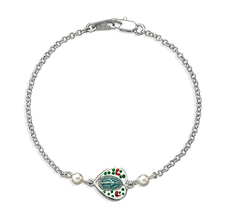 Sterling Silver Heart Miraculous Medal with Painted Flowers and Glass Pearls on Platinum Plated Rolo Chain Bracelet 7 1/2" - BRS3160EWR