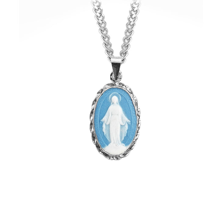 Light Blue Sterling Silver Cameo Miraculous Medal - CM170318