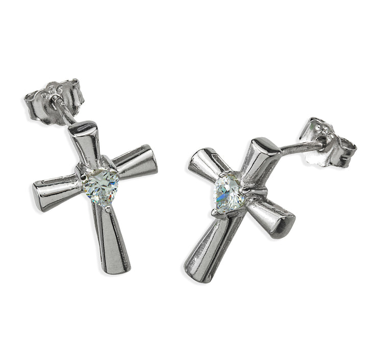 Sterling Silver Cross Earrings with Crystal Heart-Shaped CZ - ER3981