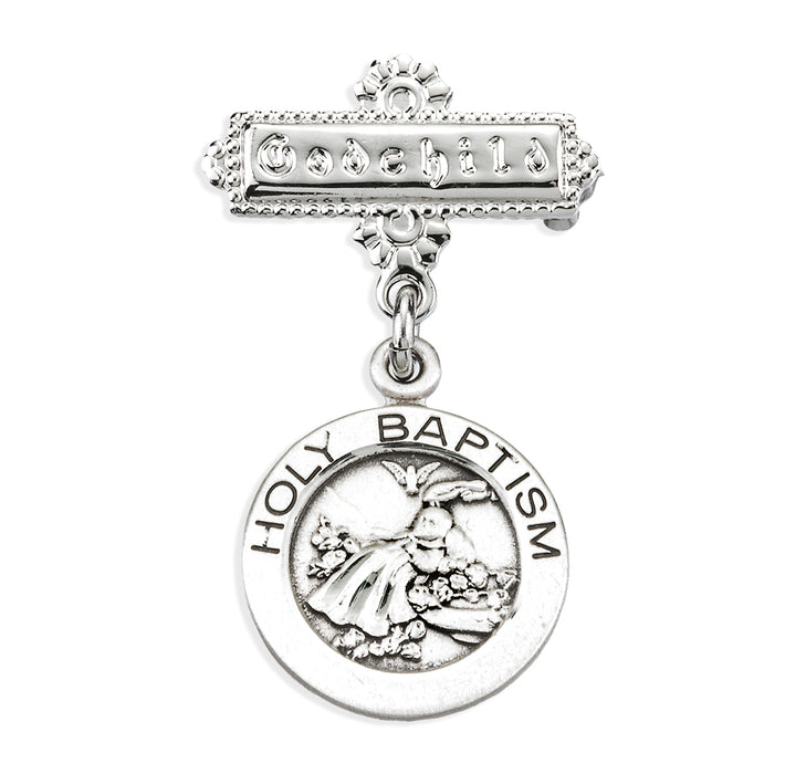 Sterling Silver Round Holy Baptism Medal on a Godchild Pin - GP1396