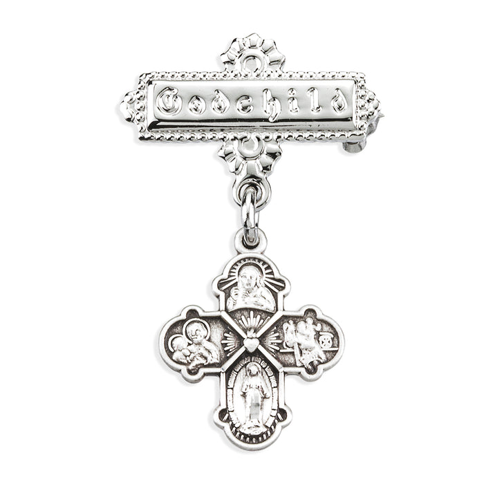 Sterling Silver Small Four Way Medal on a Godchild Pin - GP1410