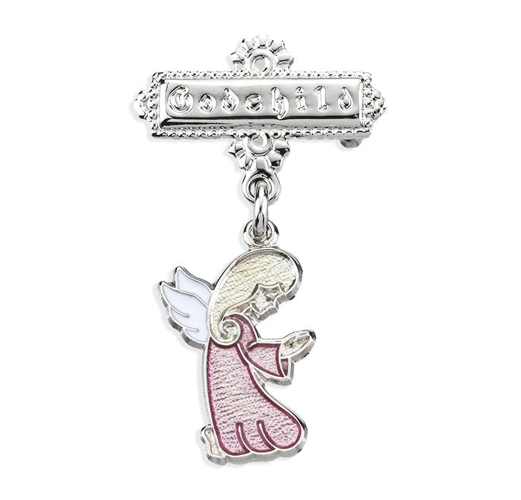 Guardian Angel Pink Enameled Sterling Silver Medal on a Godchild Bar Pin - GP1611PK