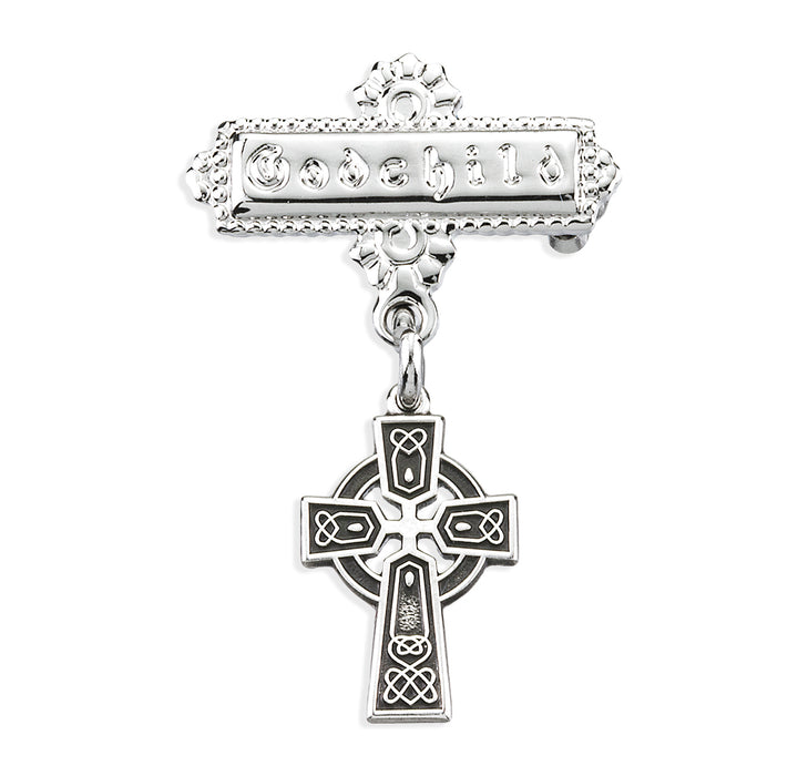 Sterling Silver Baby Irish Celtic cross on a Godchild Bar Pin - GP1788