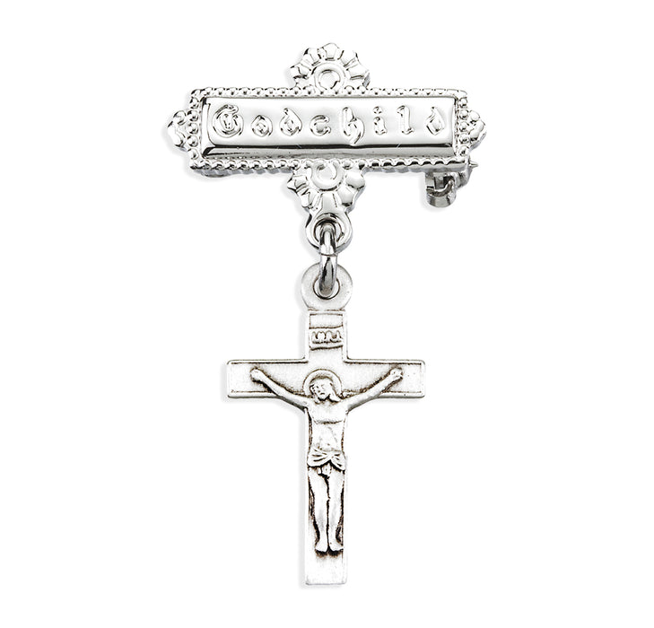 Sterling Silver Baby Crucifix on a Godchild Bar Pin - GP1802