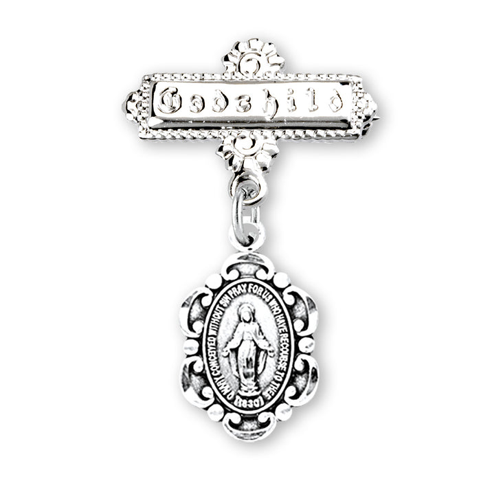 Sterling Silver Fancy Edge Miraculous Medal on a Godchild Bar Pin - GP2102