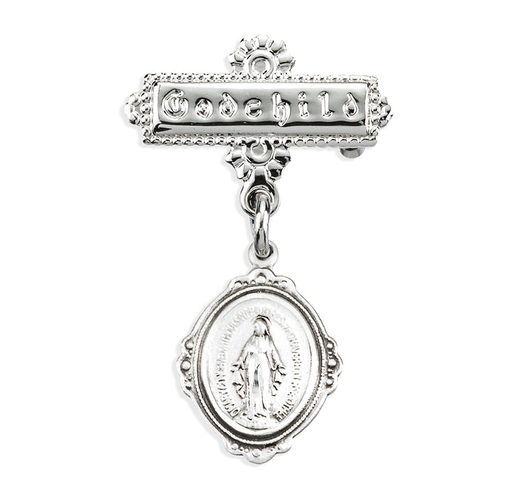 Sterling Silver Small Miraculous Medal on a Godchild Bar Pin - GP2106