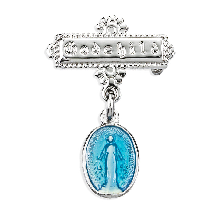 Blue Enameled Oval Sterling Silver Baby Miraculous Baby Medal on a Godchild Bar Pin - GP3100BL