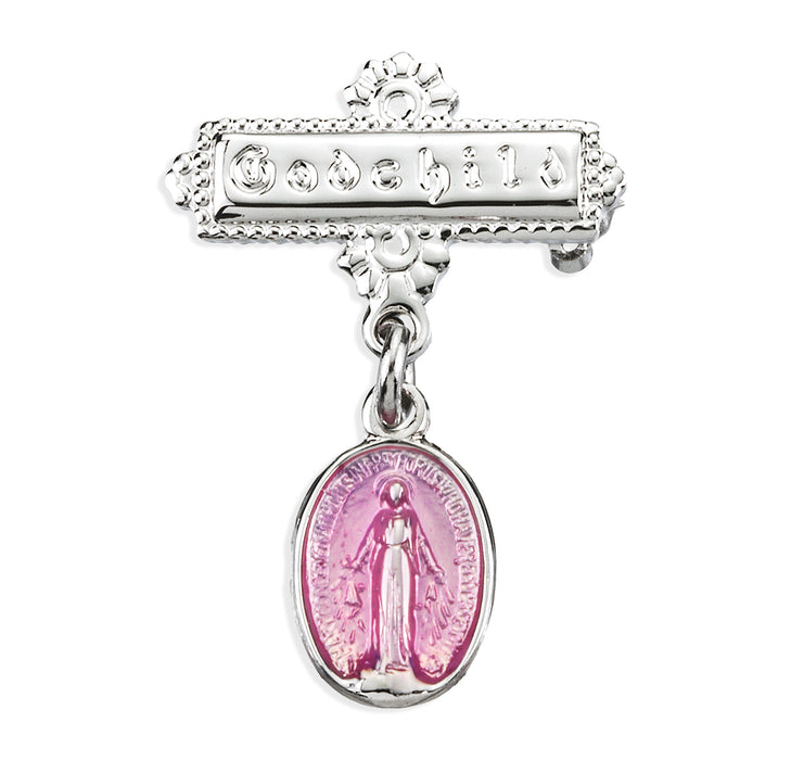 Pink Enameled Oval Sterling Silver Baby Miraculous Baby Medal on a Godchild Bar Pin - GP3100PK