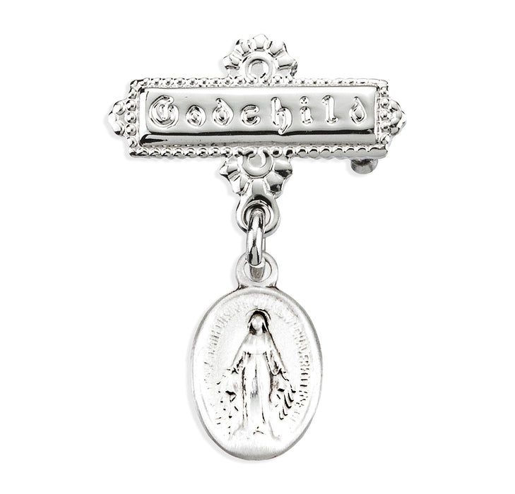 Sterling Silver Oval Baby Miraculous Medal on a Godchild Bar Pin - GP3100