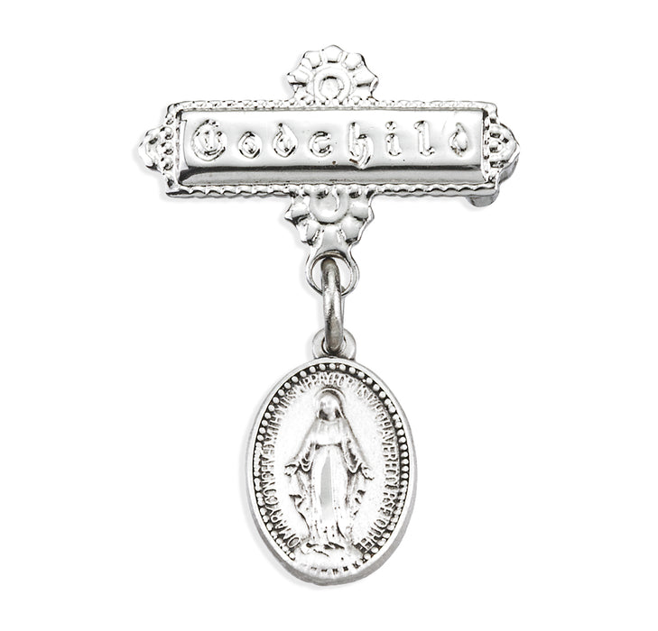 Sterling Silver Baby Miraculous Medal on a Godchild Bar Pin - GP3114