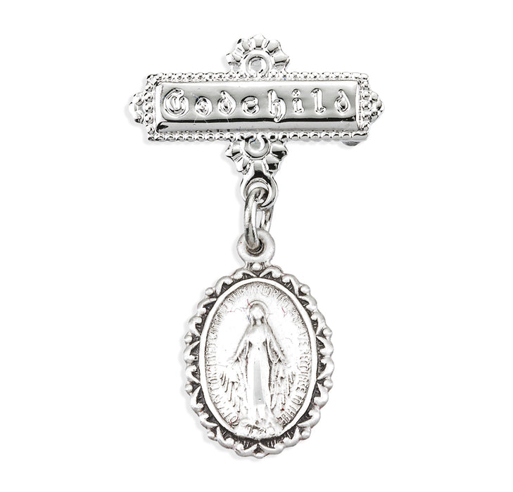 Sterling Silver Oval Fancy Edge Miraculous Baby Medal on a Godchild Bar Pin - GP3140