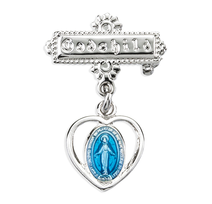 Sterling Silver Pierced Heart Baby Miraculous Medal Blue on a Godchild Pin - GP3160BL