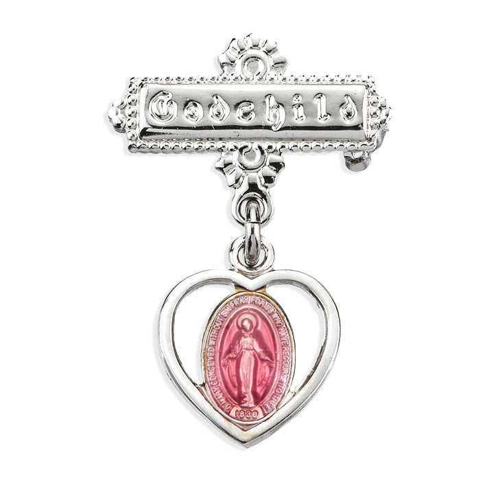 Sterling Silver Pierced Heart Baby Miraculous Medal Pink on a Godchild Pin - GP3160PK
