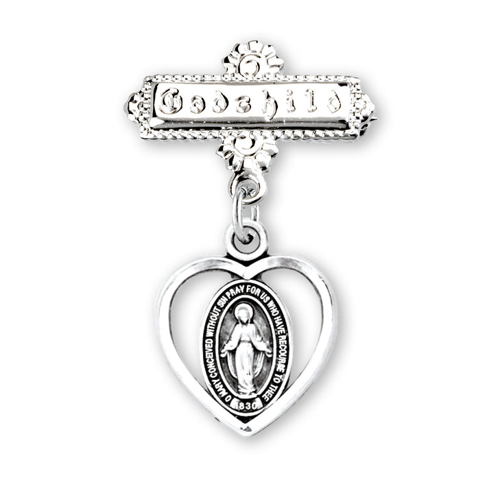Sterling Silver Pierced Heart Baby Miraculous Medal on a Godchild Pin - GP3160