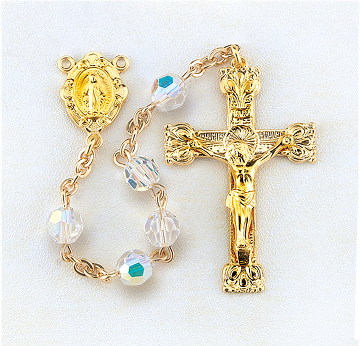 5mm Finest Aurora Crystal Gold Plated Round Beads with Gold Over Sterling Crucifix and Center - GR550CR
