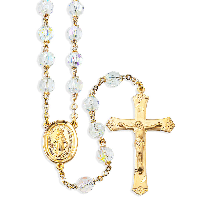 7mm Aurora Crystal Czech Beads with Gold Over Sterling Silver Crucifix and Center - GR607CR