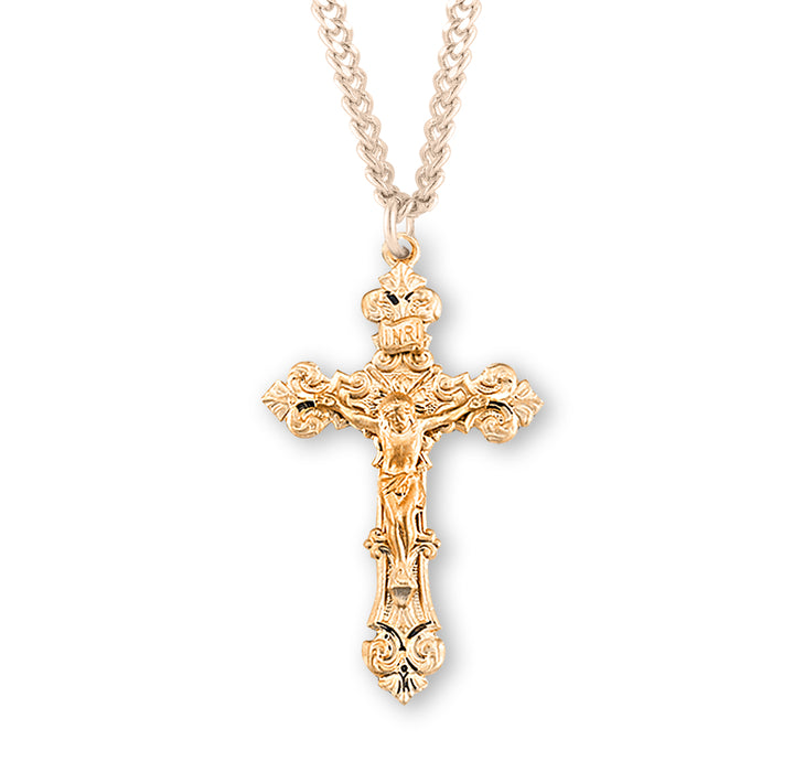 Gold Over Sterling Silver Filigree Scroll Relief Design Crucifix - GS15324