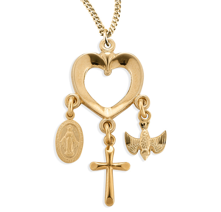 Gold Over Sterling Silver Heart with Miraculous Medal, Cross & Holy Spirit Charms  - GS373318