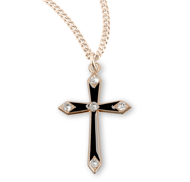 Gold Over Sterling Silver Black Enameled Cross with Five Crystals - GS3776BK18