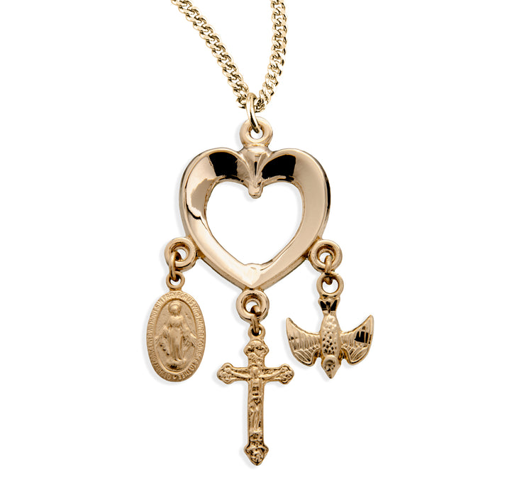 Gold Over Sterling Silver Heart with Miraculous Medal, Crucifix & Holy Spirit Charms - GS383318