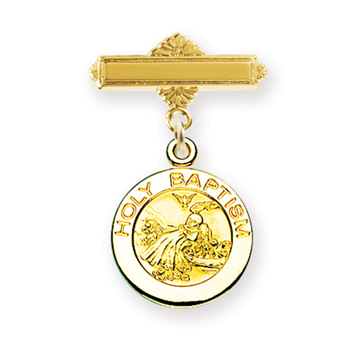 Gold Over Sterling Silver Round Baby Holy Baptism Medal on a Bar Pin - GSP1396