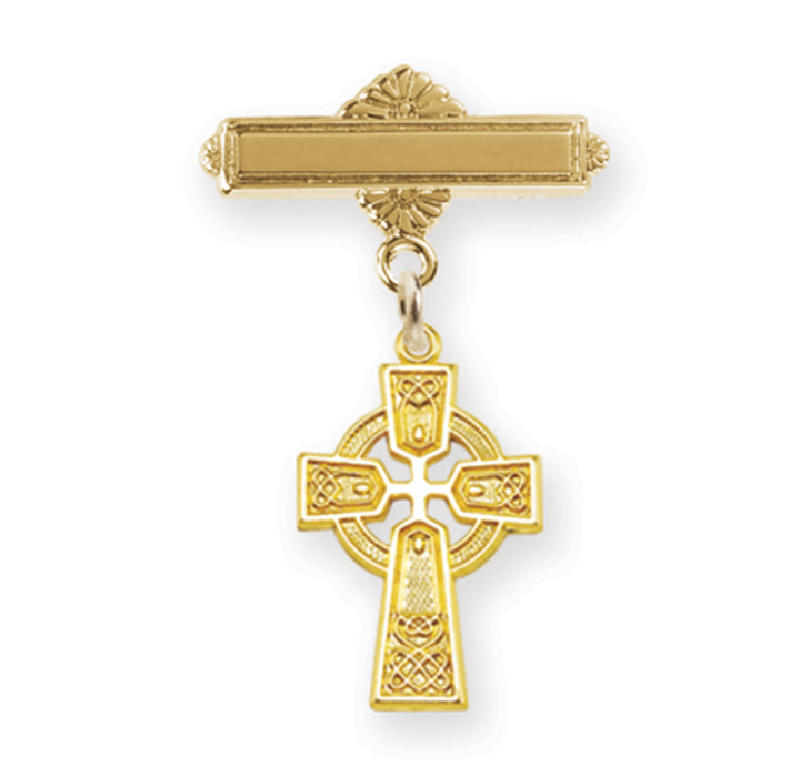 Gold Over Sterling Silver Irish Baby Irish Celtic Cross Pendant on a Bar Pin - GSP1788