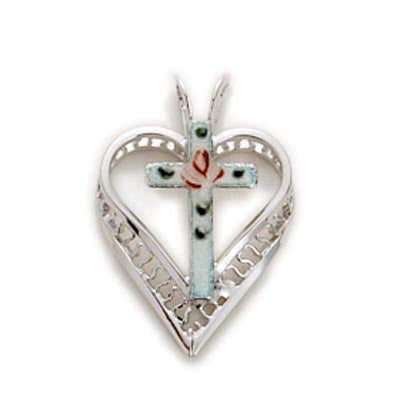Sterling Silver Heart Cloisonne Cross - L9239