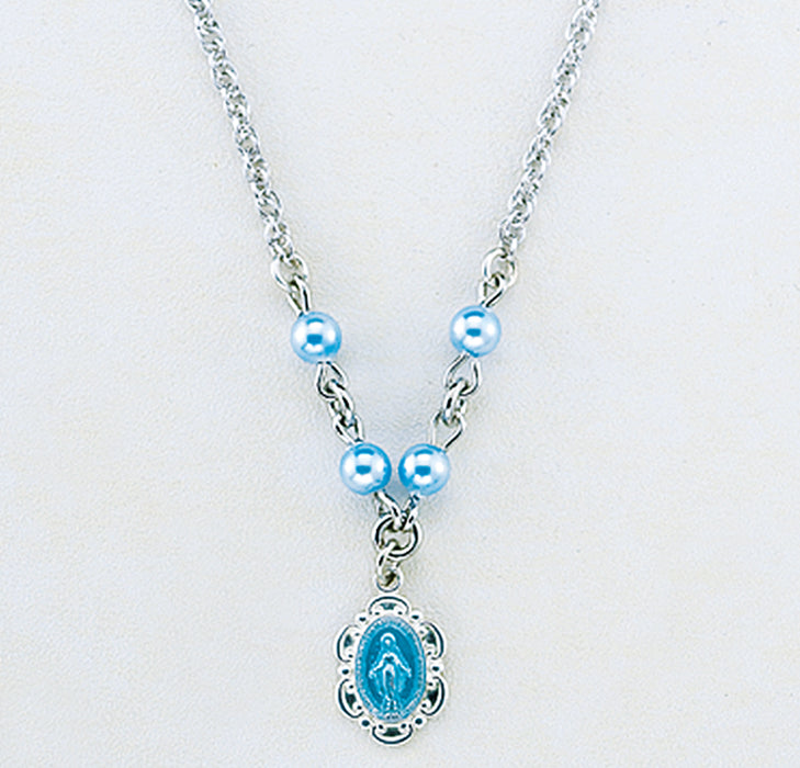 Sterling Silver Scalloped Blue Enameled Miraculous Necklace Adorned with 4mm Blue finest Austrian Crystal Pearl Beads - N2102BL