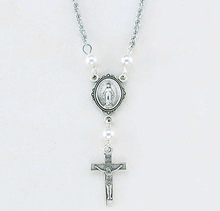 Sterling Silver Miraculous Medal Necklace Adorned with 4mm White finest Austrian Crystal Pearl Beads - N2106P