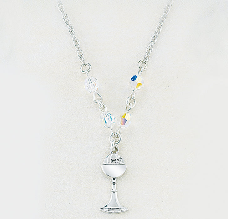 Sterling Silver Chalice Necklace Adorned with 5mm Aurora Borealis Finest Austrian Crystal Beads - N3801CR