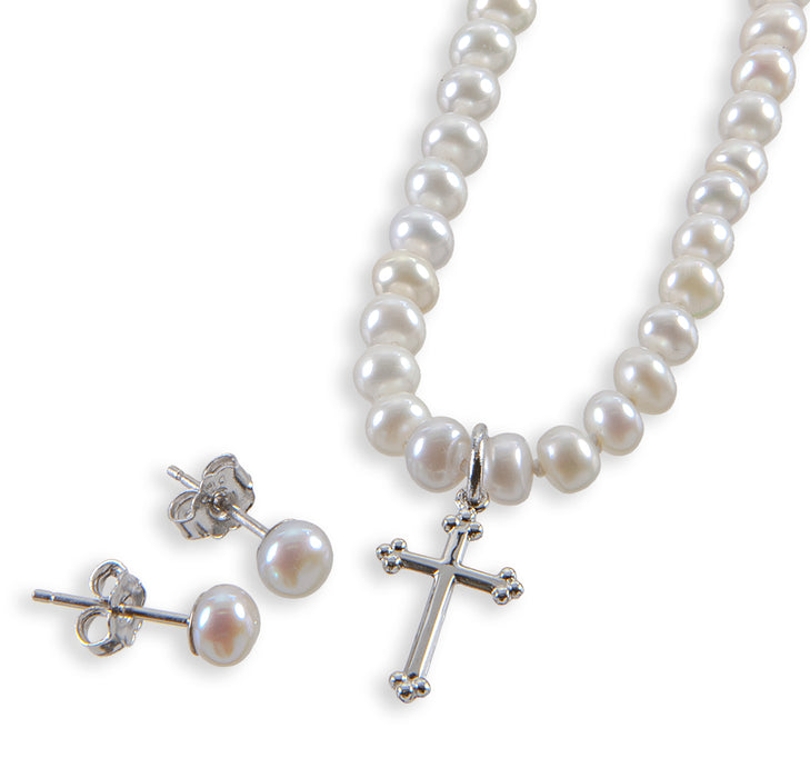 Freshwater Pearl Cross Necklace and Earring Set - NP21701ER